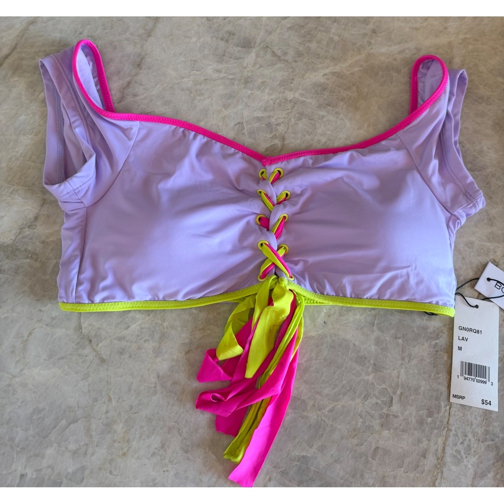 NWT BCBGeneration Lavender Neon Pink Lime Lace Up Bikini Top Medium *Read